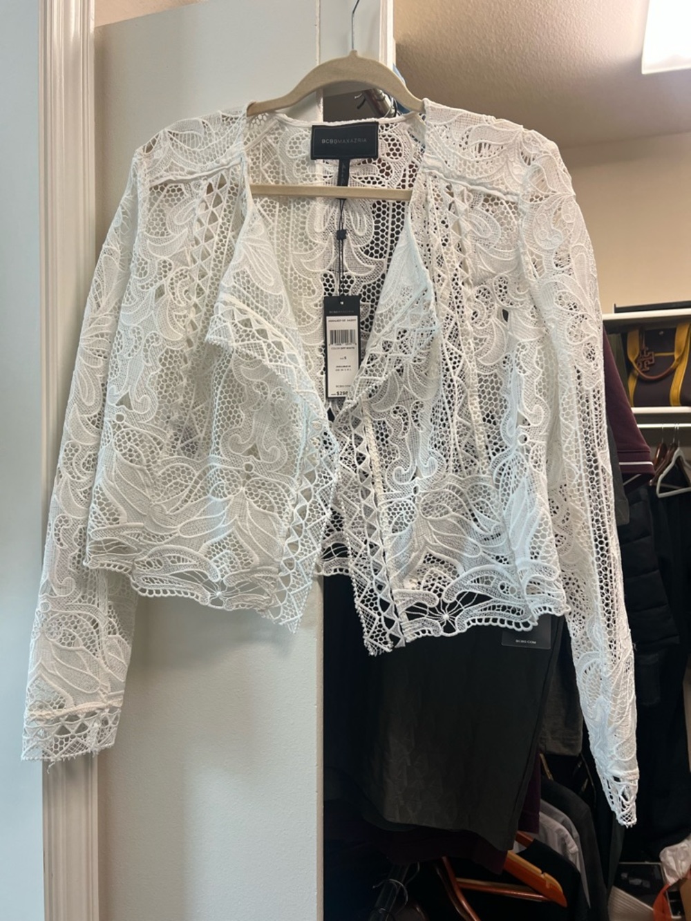 BCBGMaxAzria White Lace Open-Front Cropped Jacket